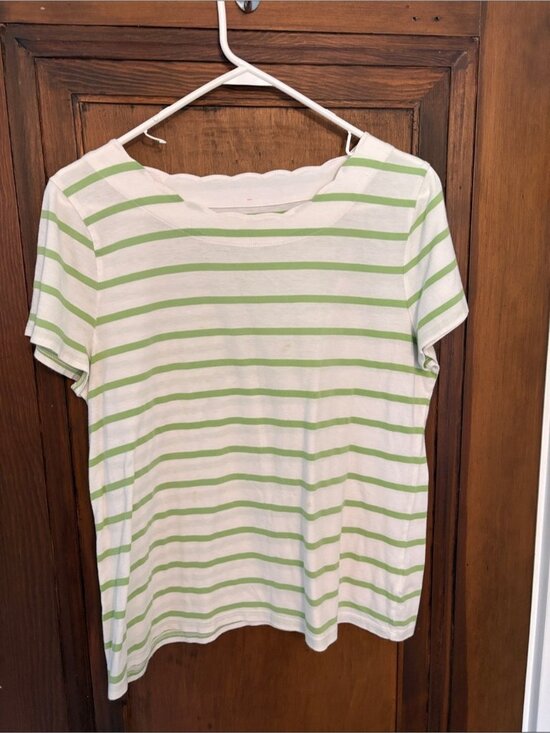 Tops - Women's White and Light Green Striped Short Sleeve Top